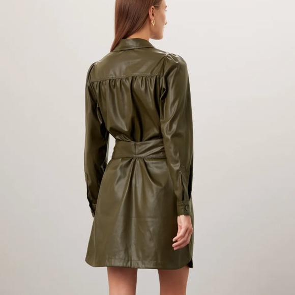Peter Som Olive Green Faux Leather Mini Shirt Dress SIze 6 Career Designer $355 - Picture 4 of 13